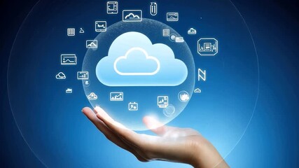 Hand holding a digital cloud with data icons - Powered by Adobe