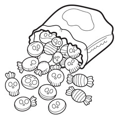 Halloween Candy Bag Full of Spooky Treats Line Art Illustration – Fun Trick or Treat Cartoon Outline for Coloring