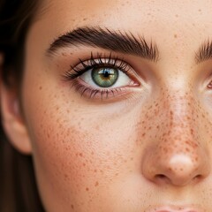 Obraz premium Close-up view of a woman's face with freckles.