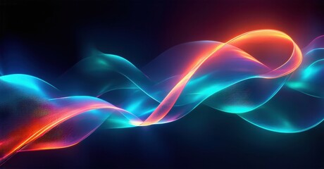 Abstract flowing ribbons, vibrant colors, dynamic curves. Dark background emphasizes luminosity, creating energetic visual impact.