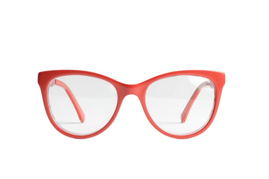 A close up shot of red framed eyeglasses with clear lenses on Transparent Background