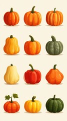 Colorful collection of pumpkins showcasing various shapes and sizes for autumn decoration and culinary use