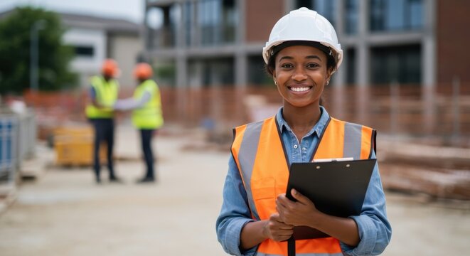 Smiling black woman construction worker in hard hat and safety vest holds clipboard at busy building site