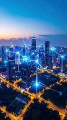 Night city connected by energy