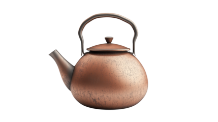 A traditional teapot made of polished copper, isolated on a white background or transparent png 