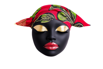 Vibrant black art figure with decorative headscarf and striking makeup