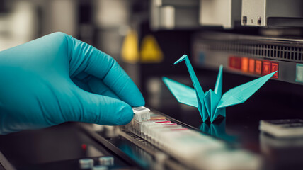 A gloved hand places a sample into a lab instrument alongside a folded paper crane, symbolizing precision and hope in science.