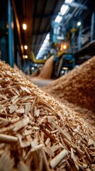 Wood chips and sawdust pile in an industrial facility during the day with machinery in the background