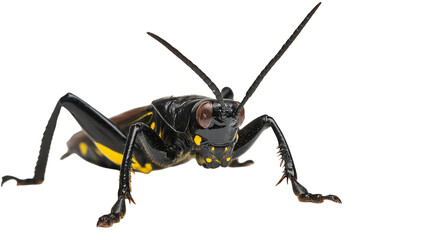 Close front view of a grasshopper on a white background or transparent png , showing its detailed eyes, antennae, and legs.