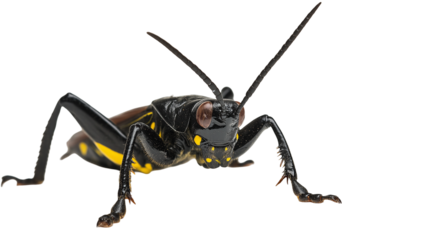 Close front view of a grasshopper on a white background or transparent png , showing its detailed eyes, antennae, and legs.