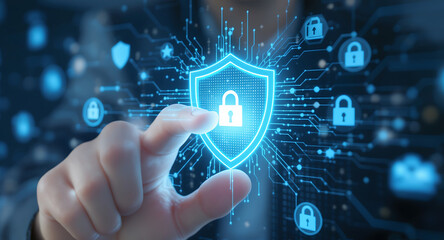 Hand Pressing Digital Shield Icon With Network Security System Interface