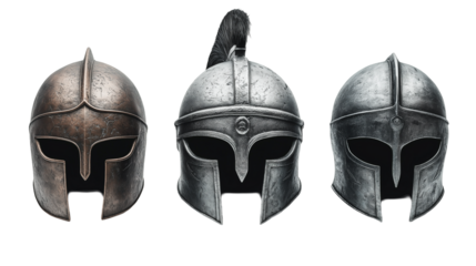 Three metal sculpture masks, isolated on white background as a transparent PNG, featuring intricate details, artistic designs, and metallic textures.