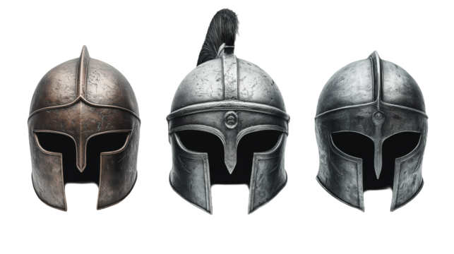Three metal sculpture masks, isolated on white background as a transparent PNG, featuring intricate details, artistic designs, and metallic textures.