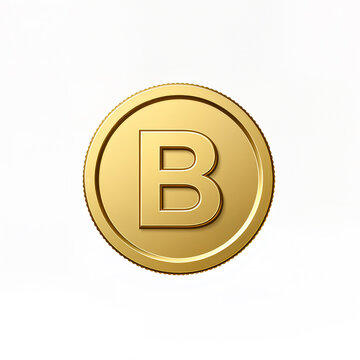 Shiny gold coin with embossed letter B on white background