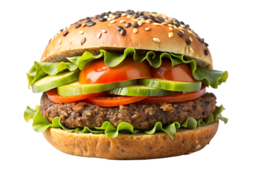 Juicy gourmet burger with fresh lettuce, ripe tomatoes, and crisp cucumber slices on a sesame seed bun on a transparent background