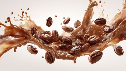 Coffee beans caught mid-air in an explosion of brown liquid against a light background