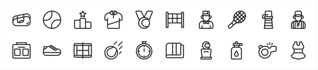 Set of Tennis icons. 20 sets of Tennis icons. Tennis icons. Simple line Tennis icons