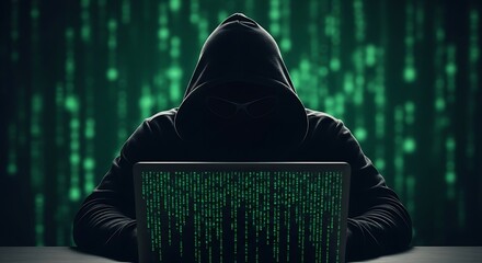 A hooded hacker is working on a computer with green matrix code display