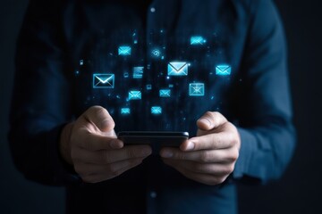 Person holding a smartphone with glowing digital icons and network connections isolated on transparent background