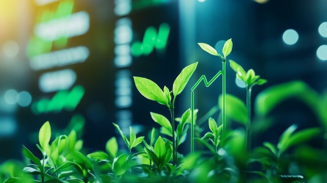 Plants growing with digital stock market charts illustrating growth and investment in a modern environment - Powered by Adobe