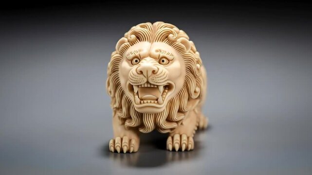 Majestic Roaring Lion Figurine: A Detailed Hand-Carved Sculpture Revealed with Dynamic Camera Movement.