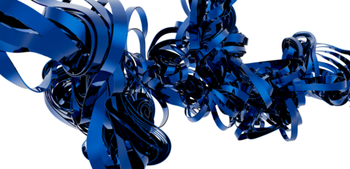 3D rendering of dynamic blue metallic ribbons. Perfect for technology, design, and abstract backgrounds.