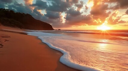 Sunset on the beach with a lonely suitcase in the foreground. Perfect for travel commercials, inspirational social media posts, and as a backdrop for travel and adventure stories.
