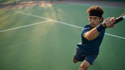 Intense Male Tennis Player Mid-Swing on Green Court