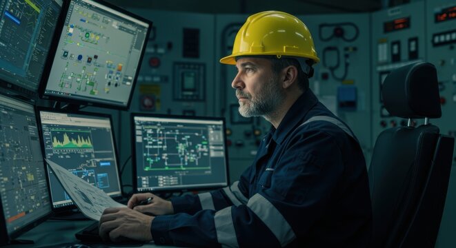 Skilled engineer in yellow hard hat monitors complex industrial control systems on multiple screens in a dark control room - Powered by Adobe