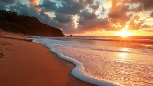 Sunset on the beach with a lonely suitcase in the foreground. Perfect for travel commercials, inspirational social media posts, and as a backdrop for travel and adventure stories.

