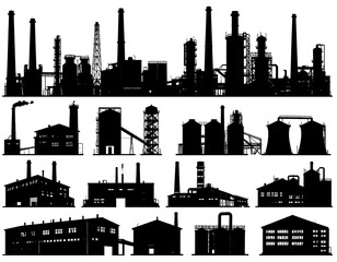 Collection of industrial building silhouettes, various sizes and designs