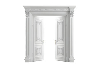 Obraz premium An open white door with intricate molding and trim details against a Transparent Background