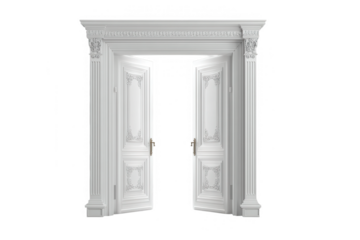 An open white door with intricate molding and trim details against a Transparent Background