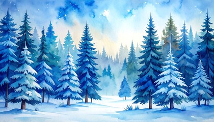 Fototapeta premium Serene watercolor landscape of a snow-covered forest with varying shades of blue, depicting a tranquil winter scene