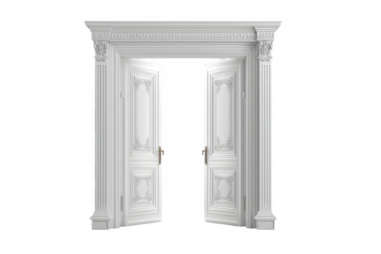 An open white door with intricate molding and trim details against a Transparent Background