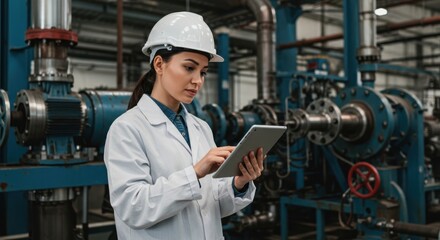 Female engineer in hard hat and lab coat inspects machinery using a tablet in a factory setting