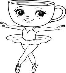 A whimsical line art illustration of a cute character with a teacup for a head, dressed in a ballet outfit and striking a graceful pose.