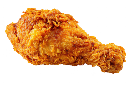 A single crispy fried chicken drumstick on a Transparent Background showing golden brown texture detail