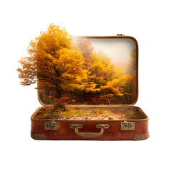 Open suitcase revealing autumn forest inside, journey into the season, isolated on transparent background