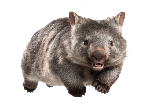 A wombat with gray fur and a large nose running towards the viewer against a Transparent Background