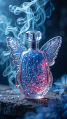 A magical, fantasy-themed perfume bottle shaped like a fairy with translucent butterfly wings, filled with shimmering, star-like glitter in shades of pink and violet. The bottle’s shape resembles a sm