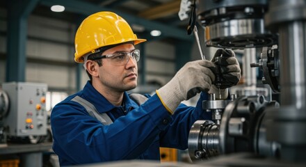 Skilled industrial worker in a yellow hard hat and safety glasses meticulously operating complex machinery in a factory setting