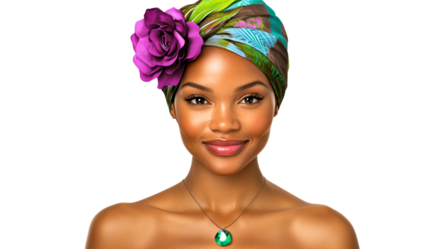 Portrait of a woman with a colorful headwrap and flower accessory