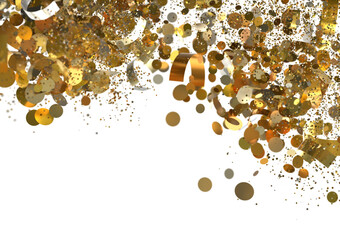 Sparkling gold confetti and glitter falling on white. Perfect for festive designs.