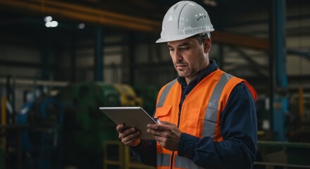 Focused construction worker in high visibility vest and hard hat uses tablet for industrial site management and planning
