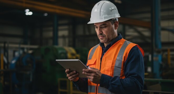 Focused construction worker in high visibility vest and hard hat uses tablet for industrial site management and planning