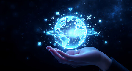 Virtual Globe Held In Hand With Surrounding Tech Interface For Global Data