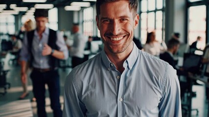 Man Amidst Vibrant Office Scene Ideal for Business Campaigns, Inspiring Productivity and Teamwork.