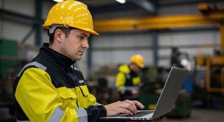 Focused technician in yellow hard hat and safety vest diligently works on a laptop in a busy industrial factory setting