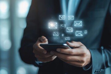 Businessman using smartphone with glowing digital icons isolated on transparent background
